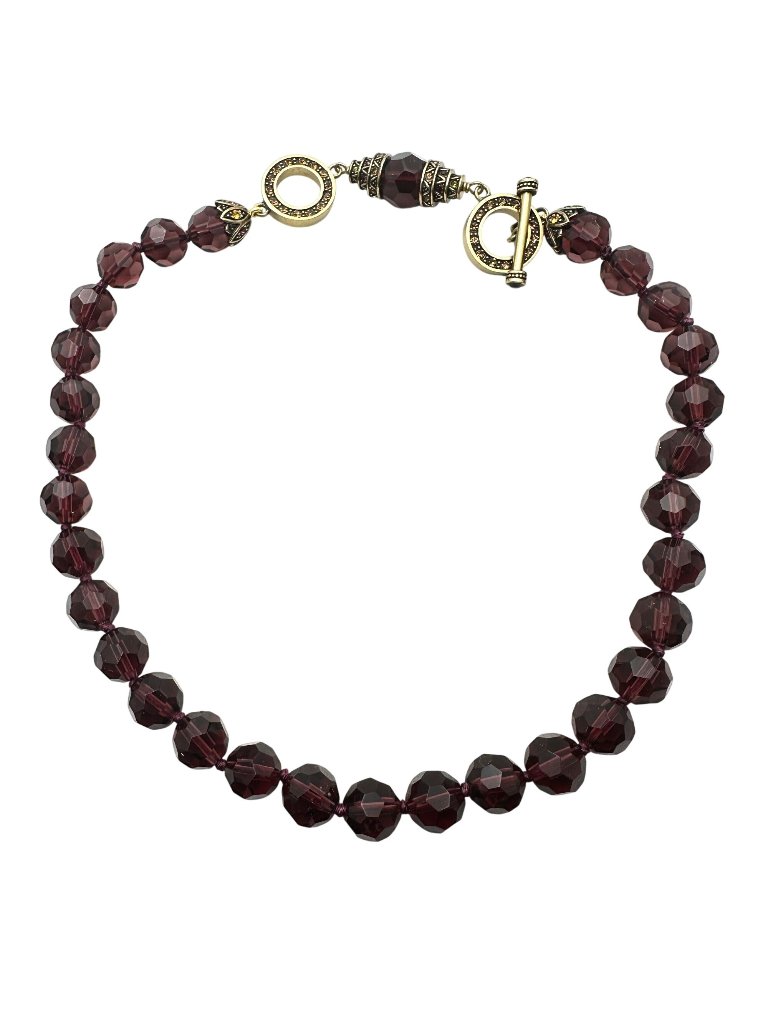 Heidi Daus Necklace Crystal Purple Glass Bead Bronze Toggle 18 Inch